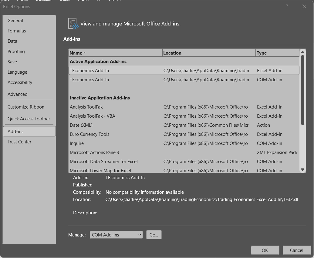 Excel Add-ins options