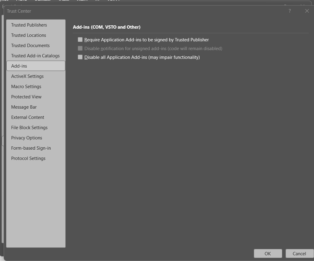 Excel Trust Center Add-ins settings