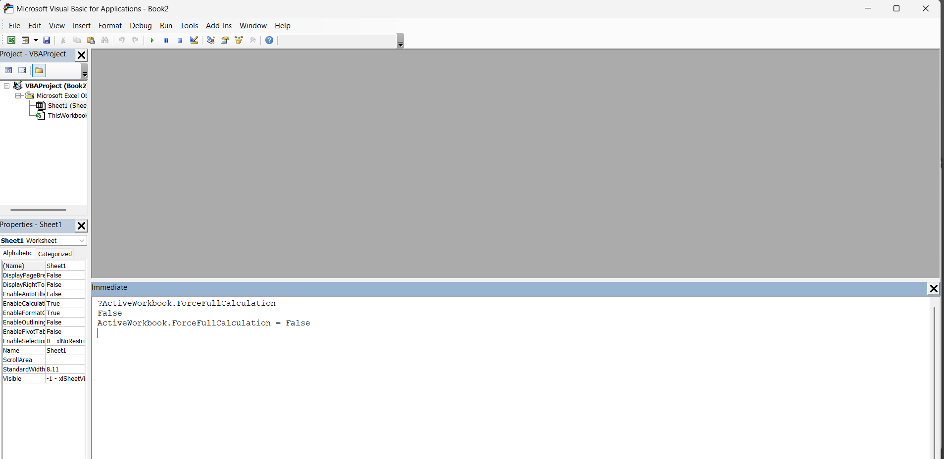 Excel VBA Immediate window - ForceFullCalculation