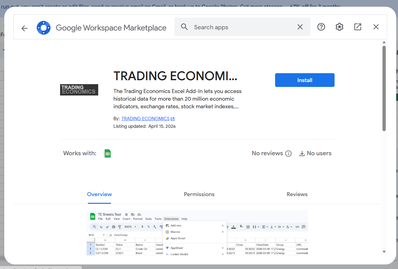 TRADING ECONOMICS Sheets Add-on listing