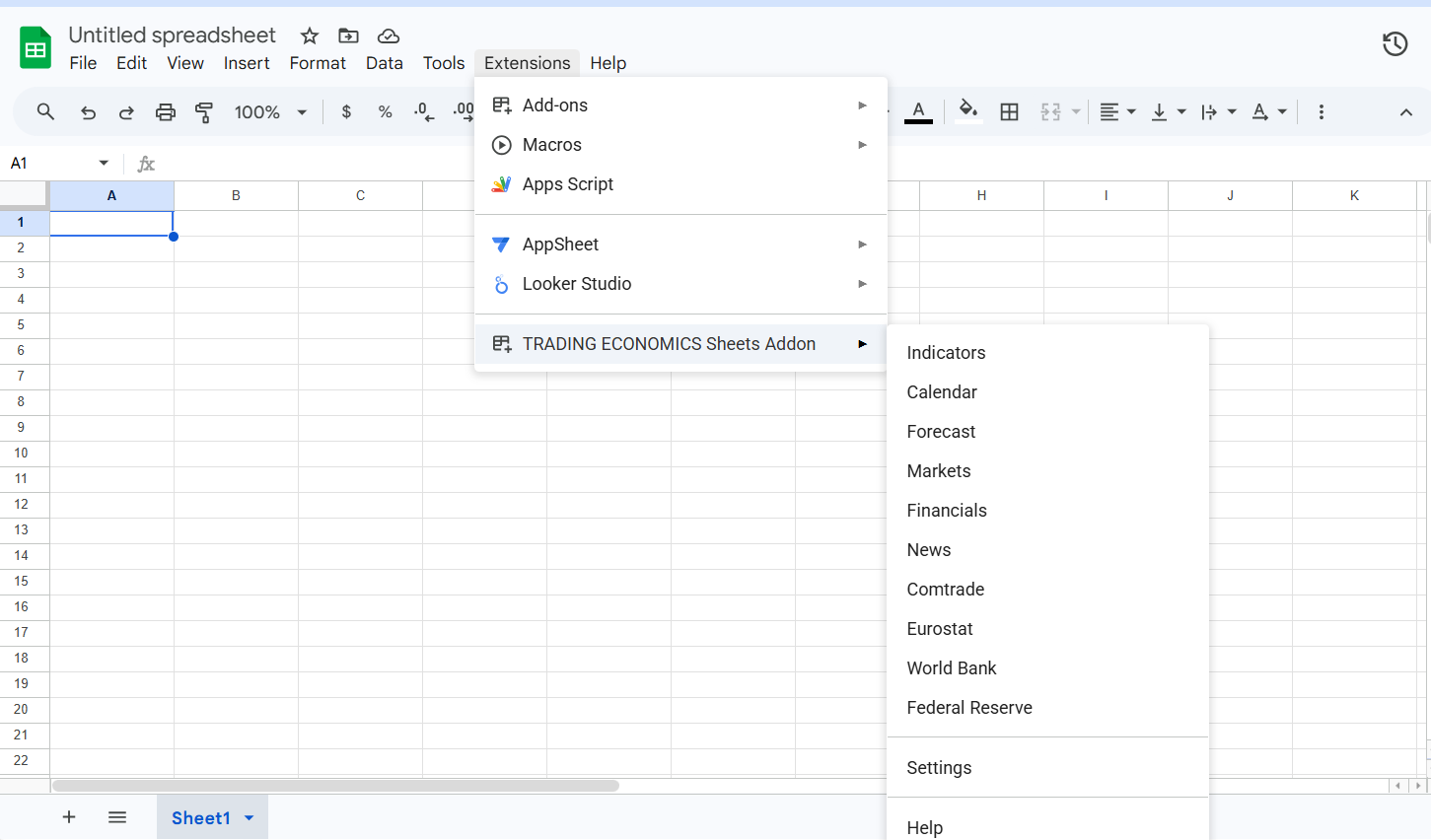 Extensions → TRADING ECONOMICS Sheets Addon