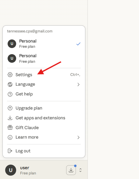 Claude Desktop main screen — Settings option