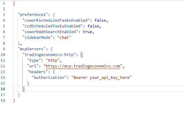 claude_desktop_config.json with the tradingeconomics HTTP server entry