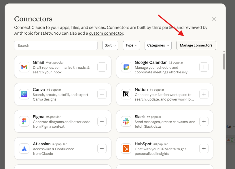 Connectors panel — Manage Connectors option