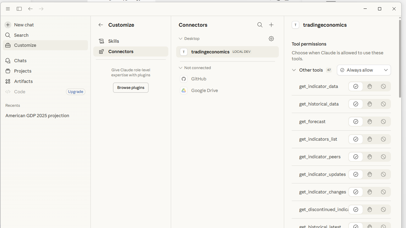 Connectors list showing tradingeconomics MCP