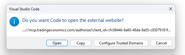 VS Code dialog asking to open the Trading Economics authorization site in the browser