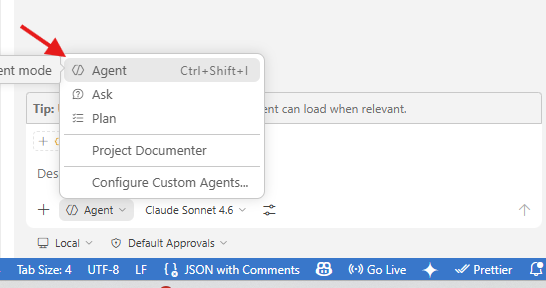 Copilot Chat panel with the Agent mode selected in the mode selector