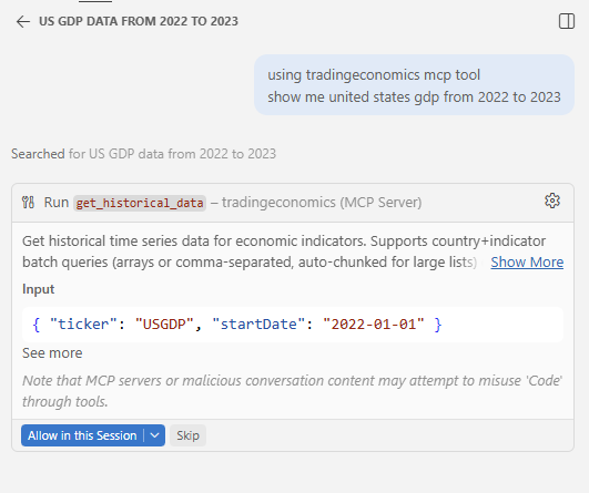 Copilot Chat asking for permission to call the tradingeconomics MCP tool