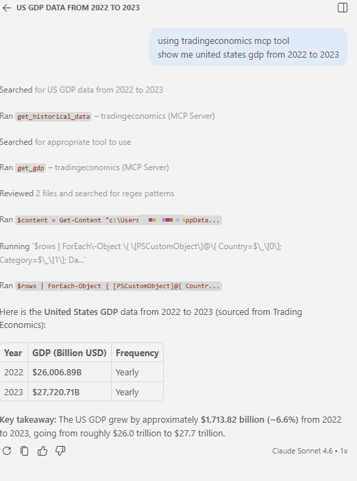 Copilot Chat showing the final answer from the Trading Economics MCP server