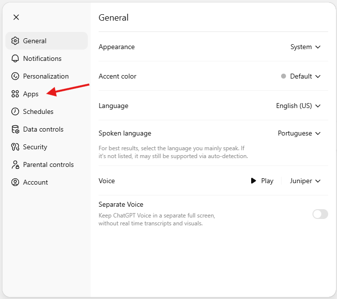 Settings — Apps option