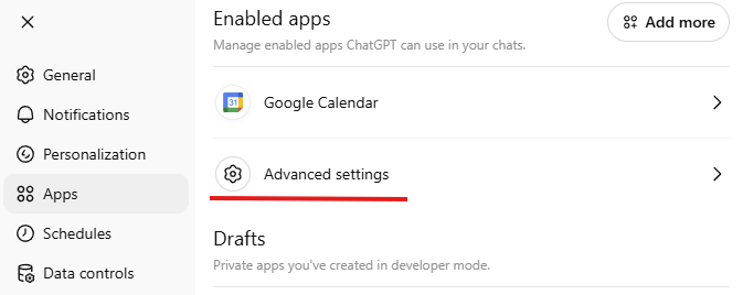 Apps — Advanced settings
