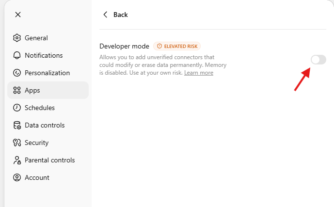 Apps — Developer mode radio button
