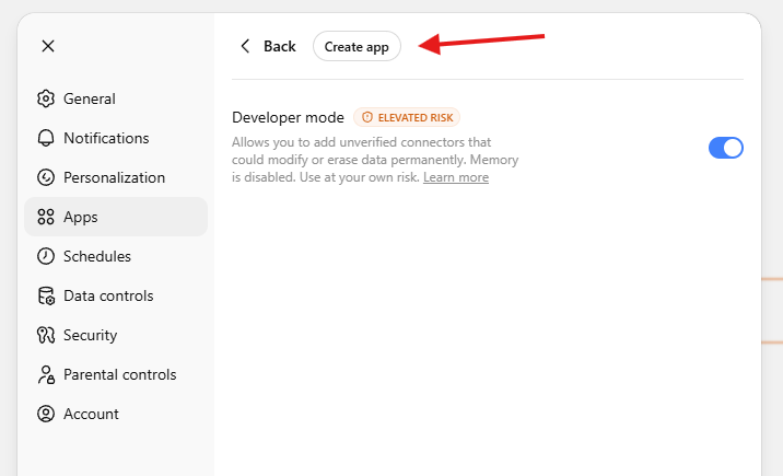 Apps — Create app button after enabling Developer mode