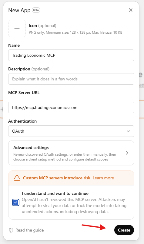Create app modal — Name and MCP Server URL filled in
