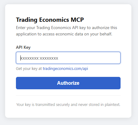 Authorization modal — API key field and Authorize button