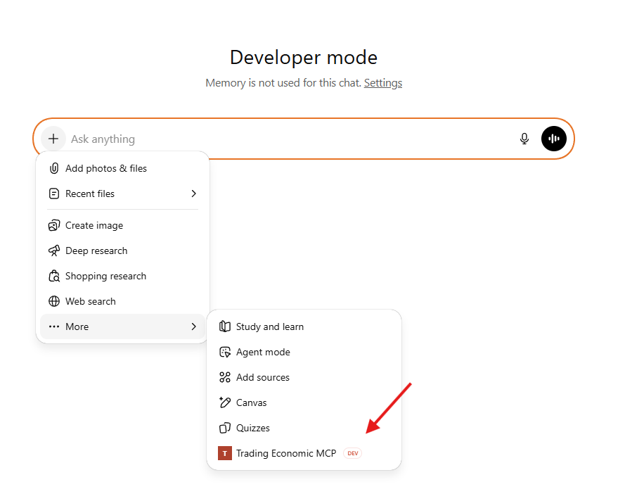 Chat screen — Trading Economics MCP item in the toolbar