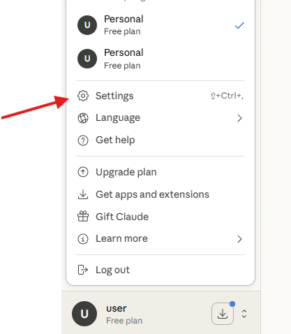 Claude.ai — Settings option in the left sidebar