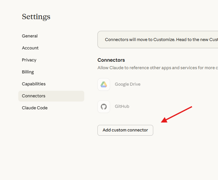 Connectors page — Add custom connector button
