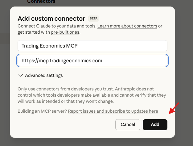 Add custom connector modal — Name and Server URL filled in
