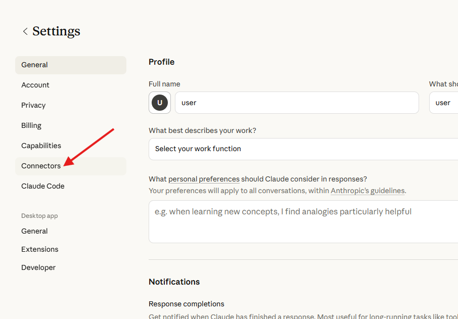 Settings — Connectors option