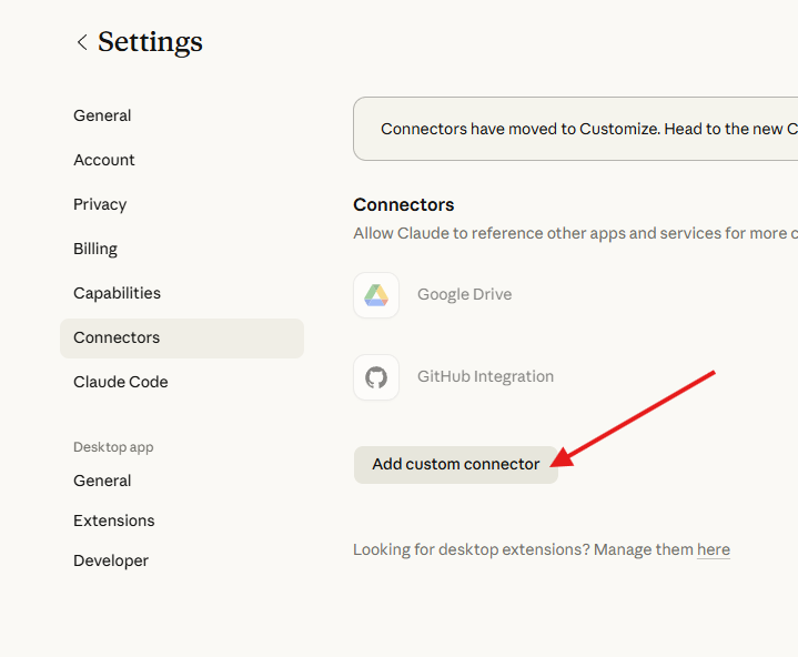Connectors page — Add custom connector button