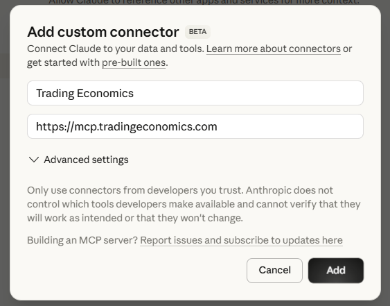 Add custom connector modal — Name and Server URL filled in