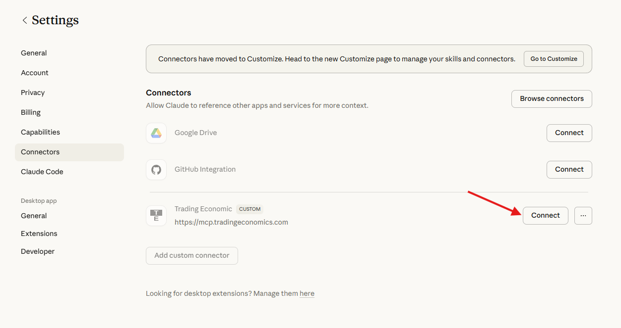 Connector card — Connect button