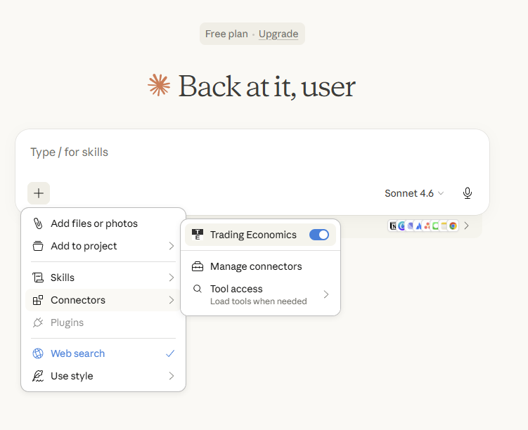 New conversation — + button showing Trading Economics connector active